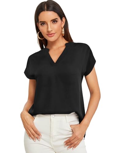 Parabler Damen V-Ausschnitt Hemdbluse Chiffon Blusen Frauen T-Shirt Tops Sommer Einfarbig Kurzarm Casual Tunika Loose fit Schwarz S von Parabler