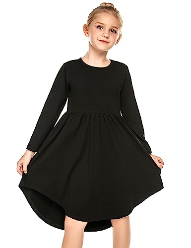 Parabler Kinder Kleid Langarm Baumwolle T-Shirt Kleid Mädchen A Linie Freizeitkleid Herbst Winter Schwarz Gr.120/7-8jahre von Parabler