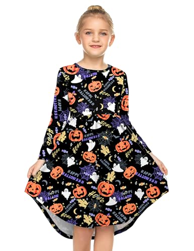 Parabler Kleid Mädchen Halloween Schwarz Kinder Kleider Langarmkleid Festliche Kleid Herbst Winterkleid Kürbis Gr.160/13-14 Jahre von Parabler