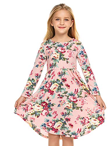 Parabler Kleid Mädchen Langarm Blumenkleid Kinder winterkleid Freizeitkleid Langarmkleid Skaterkleid T-Shirt Kleider A-Linie Rundhals Süß Kinder Kleid Rosa 140/10-11 Jahre von Parabler