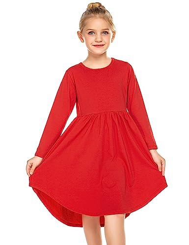 Parabler Kleid Mädchen Langarmkleid Baumwolle Herbstkleid Kinder Weihnachtenkleid A-Linie Freizeit Kleid Rot Einfarbig Kleid mit Taschen Gr.110/6-7Jahre von Parabler