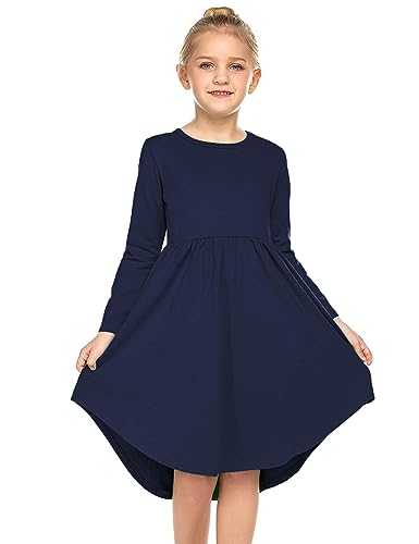 Parabler Mädchen Kleid Casual T-Shirt Kleid Langarm Herbstkleid Winter Kinder Kleid Täglich Kleid mit Taschen Marineblau Gr.120/7-8 Jahre von Parabler