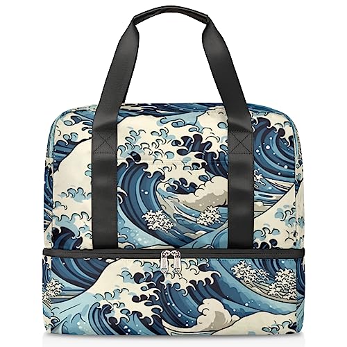 Great Wave Cartoon (02) Sport Turnbeutel für Frauen Reise Duffel Tote Bag mit Schuhfach Weekender Übernachtung Tasche Carry On Bag für Teenager Mädchen Jungen Männer, Mehrfarbig von Pardick