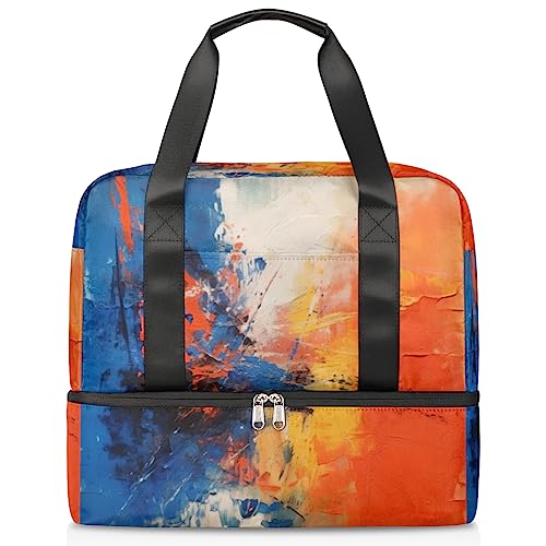 Ölgemälde Orange Rot Blau Abstrakt (02) Sport Turnbeutel für Frauen Reise Duffel Tote Bag mit Schuhfach Weekender Übernachtungstasche Tragetasche für Teenager Mädchen Jungen Männer, Mehrfarbig von Pardick