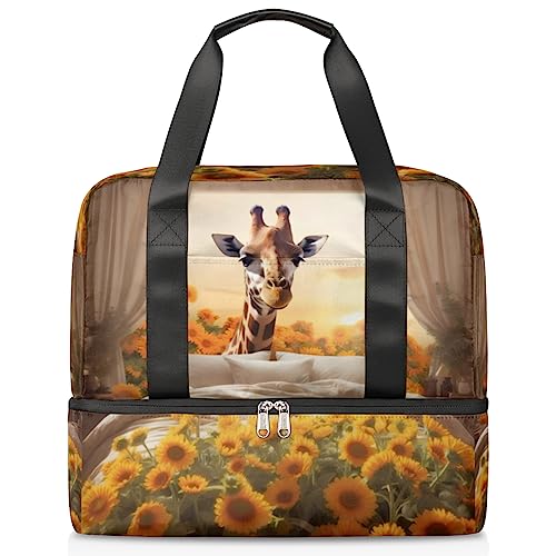 Sporttasche für Damen, Motiv: niedliche Giraffe in Sonnenblumen, mit Schuhfach, Wochenendtasche, Tragetasche für Teenager, Mädchen, Jungen, Männer, Mehrfarbig von Pardick