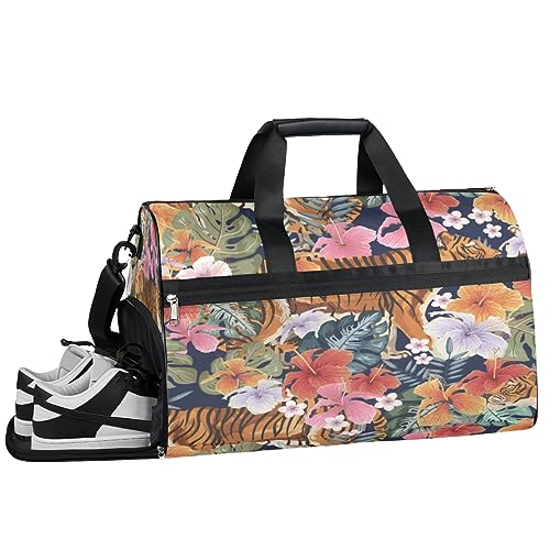 Sporttasche mit Nassfach und Schuhfach, Motiv: Tiger Tiere und Blumen, für Damen und Herren, Basketball, Wochenendtasche für Flugzeug, Schwimmen, Yoga, Mehrfarbig von Pardick