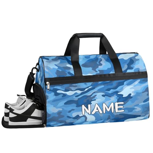 Sporttasche mit Nasstasche und Schuhfach, für Damen und Herren, personalisierbar, für Übernachtung, Wochenende, Strandgepäck, Blau, Blaues Camouflage-Muster, Einheitsgröße von Pardick