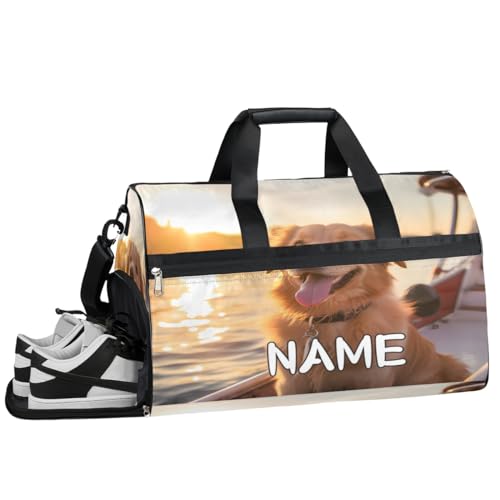 Sporttasche mit Sonnenuntergangs-Motiv und Hunde-Aufdruck, mit Nassfach und Schuhfach, Reisetasche, für Damen und Herren, personalisierbar, für Übernachtung, Wochenende, Strandgepäck, Sonnenuntergang von Pardick