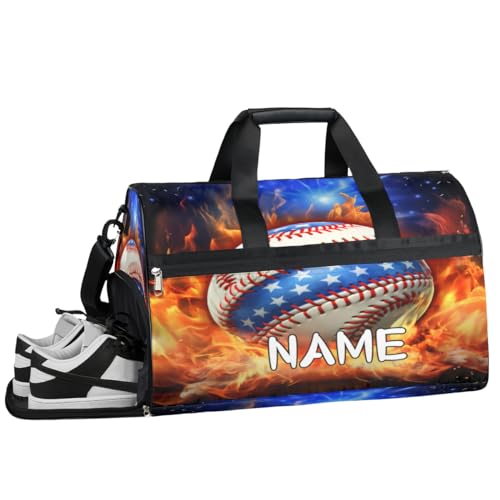 Sporttasche mit amerikanischem Flammenmuster, Sporttasche mit Nassfach und Schuhfach, Reisetasche, für Damen und Herren, personalisierbar, für Übernachtung, Wochenende, Strandgepäck, Baseball American von Pardick