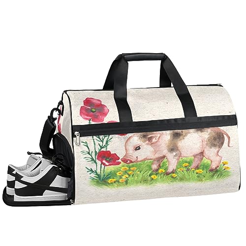 Sporttasche mit niedlichem Schweinchen mit roten Blumen (02), Sporttasche mit Nassfach und Schuhfach, Reisetasche, für Männer und Frauen, Basketball, Wochenendtasche für Flugzeug, Schwimmen, Yoga, von Pardick