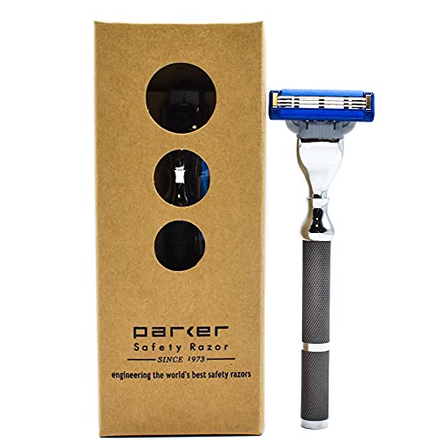 Parker 42M Heavyweight All-Metal Triple Blade Rasierer – Rasiermesser mit Messingrahmen + Deluxe strukturiertem Graphitgriff – Eine Gillette Mach 3 Rasierklinge im Lieferumfang enthalten von Parker Safety Razor