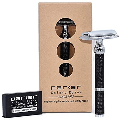 Parker Rasierhobel, 71R, mittelschwerer, langer Griff, zweischneidiger Rasierhobel mit 5 Parker Platinum Edelstahl-Rasierklingen – schwarzer galvanisierter Messinggriff von Parker Safety Razor