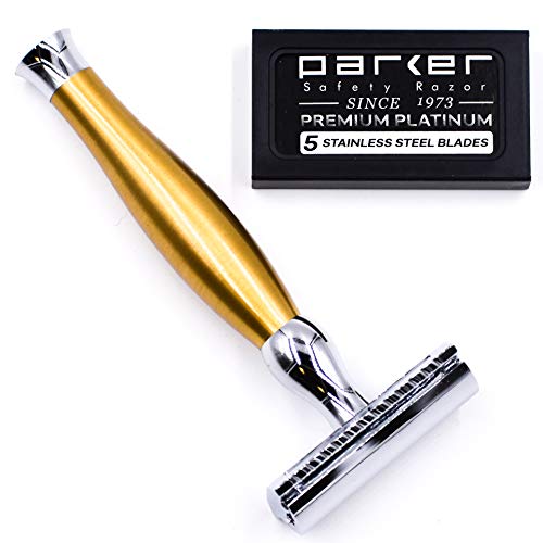 Parker Safety Razor 48R Heavyweight 3-Piece Double Edge Safety Razor – Mattes Gold-Finish mit 5 Parker Premium Platinum Double Edge Rasierklingen von Parker Safety Razor