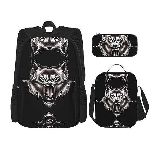 Robuster und leichter Taschenrucksack, Umhängetasche, Lunch-Tasche, Stifttaschenset – verstellbarer Schultergurt, Werwolf-HD-Muster, Schwarz , Einheitsgröße von PartyUnix