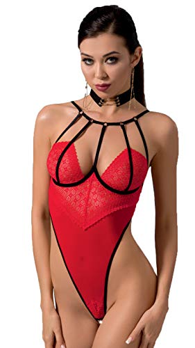 Erotischer Damen Dessous String-Body rot aus Tüll und Spitze transparent mit Bügel Cups S/M von Passion Dessous