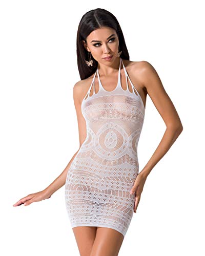 Erotisches Damen Dessous Minikleid aus Netz Metarial dehnbar transparent sexy kurz Neckholder Kleid weiß von Passion Dessous