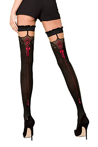 Halterlose Damen Dessous Strümpfe Stockings Strapsstrümpfe in schwarz rot mit Spitze 60/20den 1/2 von Passion Dessous