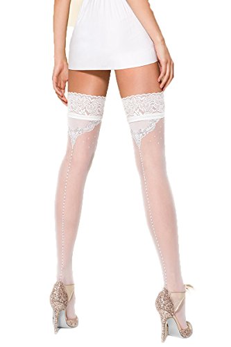 Halterlose Damen Dessous Strümpfe Stockings in weiß mit Spitze und Silikonstreifen gemustert 20 den 3/4 von Passion Dessous