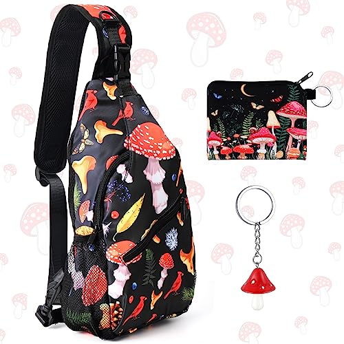 Paterr 3 Stück Pilzgeschenke Pilz Sling Rucksack Niedliche Münzbörse Harz Lustige Cartoon Pilz Schlüsselanhänger Crossbody Tasche Tragbare Handgelenktasche für Frauen Männer Reisen Wandern, Klassische von Paterr