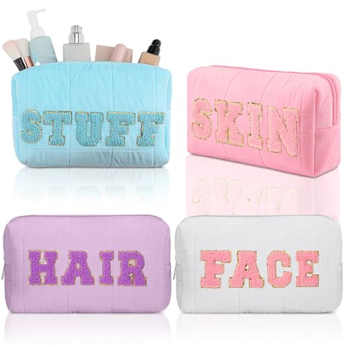 Paterr 4 Stück Plüsch Preppy Chenille Brief Tasche Kosmetik Make-up Tasche Fuzzy Reise Kulturbeutel Große Waschtasche mit Reißverschluss für Frauen Mädchen, In verschiedenen Farben erhältlich, Plush, von Paterr