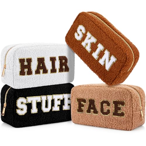 Paterr 4 Stück Weihnachts-Chenille-Buchstaben adrette Flicken Make-up-Tasche Plüsch Fuzzy Make-up-Tasche Haar Haut Gesicht Stuff Tasche Große Kosmetiktasche Reißverschluss Reise-Kulturbeutel für von Paterr