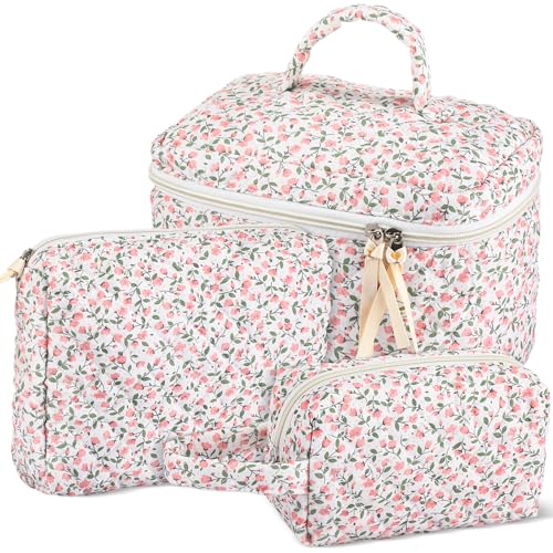 Paterr Gesteppte Make-up-Tasche aus Baumwolle, 3-teilig, Kokette, Kosmetiktasche, ästhetische Reise-Kulturbeutel, niedlicher Beutel, Kawaii-Ästhetik, für Damen, Rosa mit Blumenmuster von Paterr