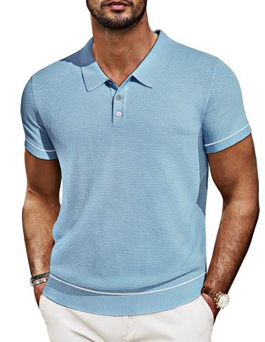 Herren 60s Shirt Kurzarm Sweater Polo Retro Strick Golf Polo Cooles Polohemd mit Knopf L Hellblau 623S24-4 von PaulJones