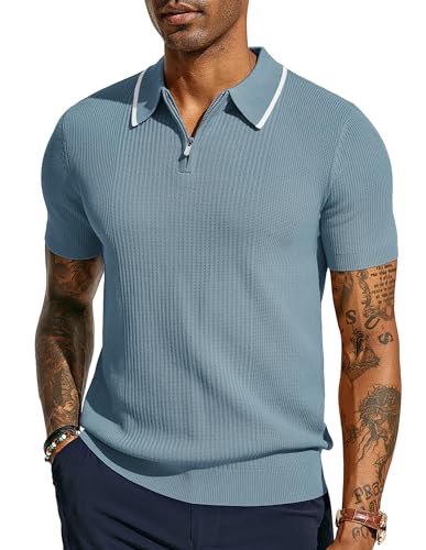 Herren Kurzarm Strick Poloshirt T-Shirt mit Reißverschluss Sommer Vintage Strick Polo Textur Blau M von PaulJones