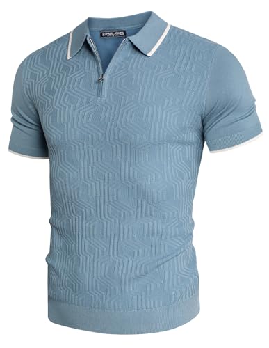 Herren Poloshirt Kurzarm Knit Polo Cooles Polo Golf Polo Retro 1970s mit Half Zip XXL Blau 622S24-3 von PaulJones