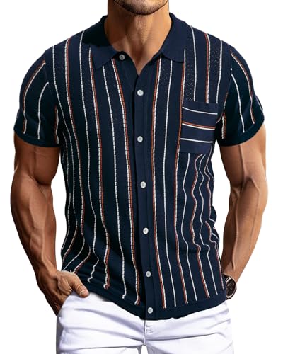 PaulJones Strick Poloshirt Herren Vintage Polo Button Down Herren Knit Polo Dunkelblau S von PaulJones