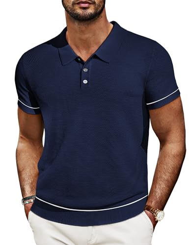 PaulJones Herren Tshirt Golf Polo Retro 60er Strick Poloshirt mit Knopf Lässig Polohemden S Dunkelblau 623S24-2 von PaulJones