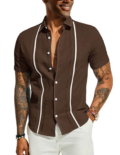 Freizeithemd Herren Strandhemd Guayabera Shirts Leinenhemd Streifen Herren Kurzarm Espresso XL 545-4 von PaulJones