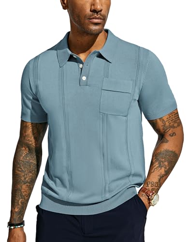 Poloshirts für Herren mit Knopf Strick Shirts Kurzarm Textur Golf-Shirt Strick Poloshirt Retro 1960s XXL Graublau 614S24-5 von PaulJones