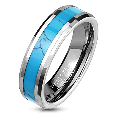 Paula & Fritz® Ring Damen Wolframcarbid synthetischer Turquoise Gr. 57 (18,1) Silber-Türkis 6-mm Breit Herren-Ring Damenring Bandring Partnerring von Paula & Fritz