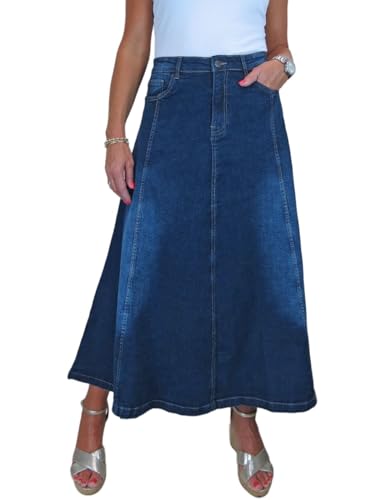 Paulo Due Damen Stretch Denim Maxi Jeansrock Mit Weit Ausgestelltem Saum Dunkel verblasstes Blau 38-48 (38) von Paulo Due