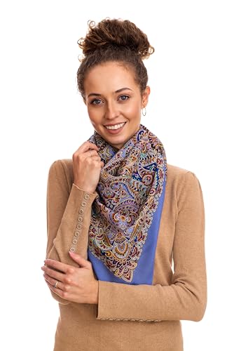 Original Damen Blau Russischer Pawlow Pavlovo Posad Schal Tuch Umschlagtuch 100% Wolle, mit Paisley 89cm x 89cm von Pavlovo Posad Shawl Manufactory