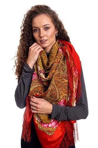 Original Damen Rot Russischer Pawlow Pavlovo Posad Schal Tuch Umschlagtuch mit Seidenfransen 100% Wolle, mit Paisley und Blumen 146cm x 146cm von Pavlovo Posad Shawl Manufactory