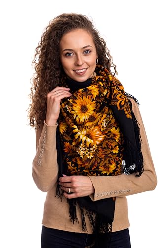 Original Damen Schwarz Russischer Pawlow Pavlovo Posad Schal Tuch Umschlagtuch 100% Wolle mit wollfransen, mit Paisley und Blumen 125cm x 125cm von Pavlovo Posad Shawl Manufactory