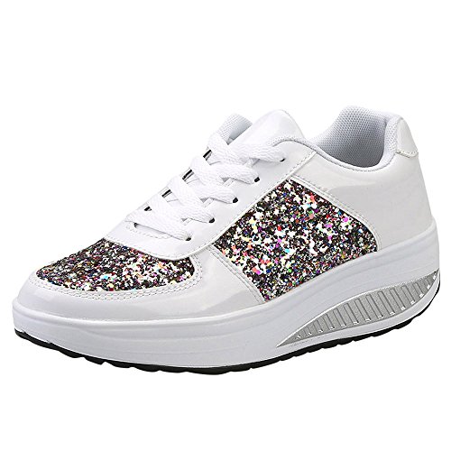 Damen Sportschuhe Weiss Sportschuhe Dicke Sohlen Pailletten Flache Schuhe Glitzer Keilabsatz Schnürschuhe Jogging Hoch Freizeitschuhe Frauen rutschfest Laufschuhe Gym Sneaker von Pdakieyxnd