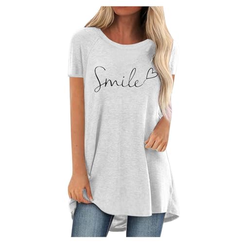 Pdakieyxnd Longbluse Damen Kurzarm Lässig für Leggings Longshirt - Sommer Rundhals Smile Tunika Tops Lässig Lose Baumwolle Longshirts Locker Mode Bunte Long Bluse Weiß von Pdakieyxnd