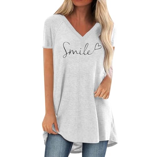 Pdakieyxnd Longbluse Damen Lässig Für Leggings - Einfarbiges Smile Langes Bluse, Modern Bügelfrei Damenbluse Blusen Sommer Elegant Tshirt Tops Stillshirt Shirt Mode Bunt Longshirts Tunika von Pdakieyxnd