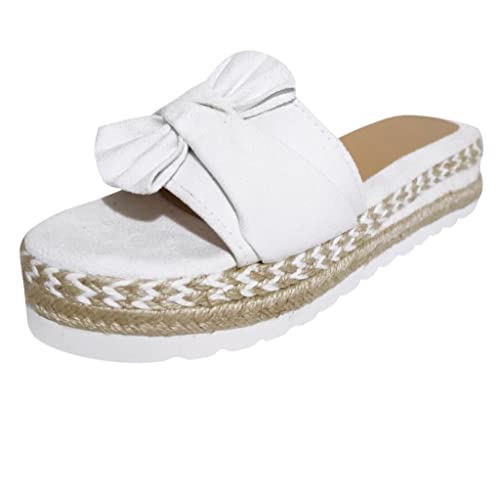 Pdakieyxnd Sommer Sandalen Damen - mit Absatz Elegant Hausschuhe Pantoletten Plateau Festliche Mules Schlupfschuhe mit Keilabsatz Bequem Schicke Espadrilles Glitzer Sandalen Weiß von Pdakieyxnd