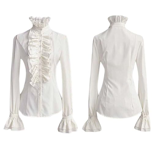 Piratenbluse Damen Mittelalter Hemd Damen Rüschenhemd Gothic Kleidung Steampunk Langarmshirt Viktorian Viking Pirat Vintage Renaissance Faschingskostüm Karneval Cosplay Party Tops(01 White,S) von Pdakieyxnd