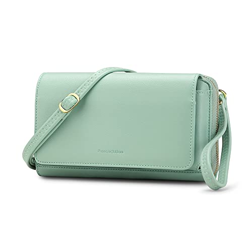 Peacocktion Damen Umhängetasche, Kleine Crossbody Taschen Schultertasche, Handgelenkstaschen Geldbörse mit Crossbody und Handgelenk 2 Riemen, Handytasche zum Umhängen mit Kartenhalter, 01-Licht Grün von Peacocktion