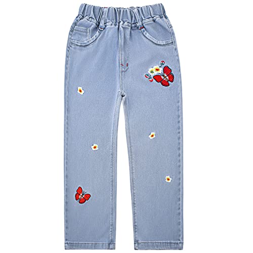 Peacolate 6-11 Jahre Kinder Baby Kleine Mädchen Lockere Jeans Bestickte Schmetterlingsblume Hellblaue Jeanshose (Rot Schmetterling, 6–7 Jahre) von Peacolate