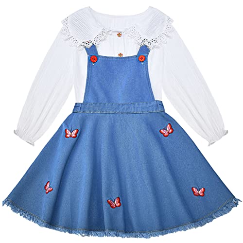 Peacolate Mädchen Kleidung 2pcs Kleider Set Lange Ärmel Weißes Bluse und Gestickter Schmetterling Denim Hosenträger Kleid Frühling Herbst Sommer Outfit(9-10Jahre) von Peacolate