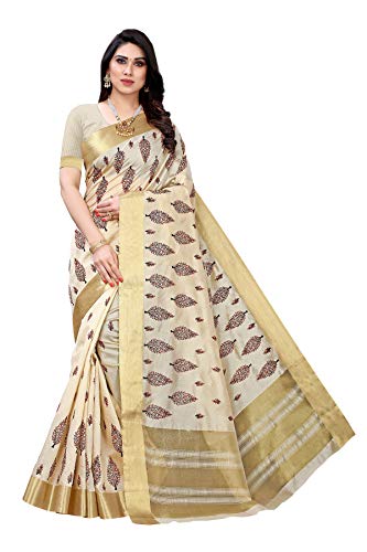 PEEGLI Saree Indischer Frauen Creme Gewebter Sari Baumwoll Polyester Seide Sari Mit Bluse 6 Yd von PEEGLI