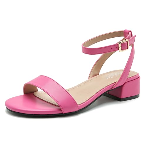 Peijely Damen-Sandalen mit offenem Zehenbereich, Knöchelriemen, niedriger Block, klobige Absätze, Partykleid, Sommerschuhe, Quadratische Schnalle in mattem Hot Pink, 37 EU von Peijely