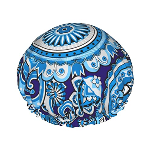 Blau-weiße Paisley-Duschhaube für Damen, verstellbar, doppelt wasserdicht, Bade-Duschhut, Haarschutz, wiederverwendbar, Damen-Spa-Salon-Duschhut von Peiyeety