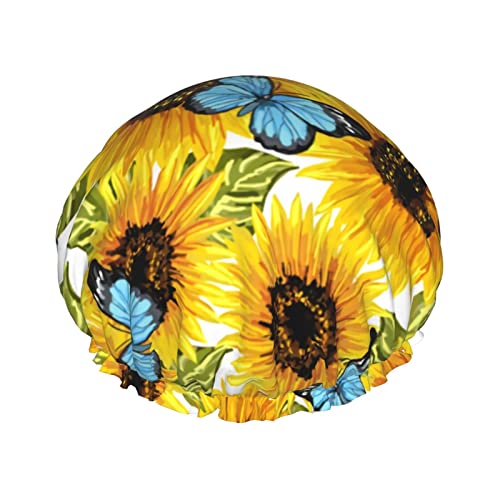 Duschhaube mit Sonnenblume, blauer Schmetterling, für Damen, verstellbar, doppelt wasserdicht, Badeduschhut, Haarschutz, wiederverwendbar, Damen-Spa-Salon-Duschhut von Peiyeety